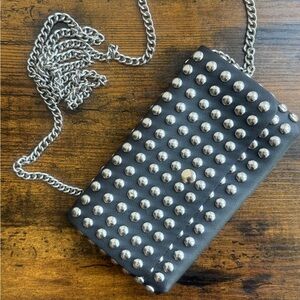 Black Faux Leather Silver Studded Crossbody Clutch w/ Chain